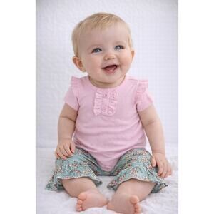 NWT Baby Girl Pink Ruffle Top & Floral Bell Bottom Pants 2-Piece Outfit Set 6M
